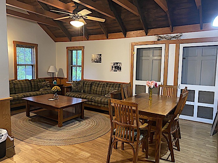 DIning and living room in cabin.