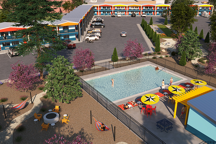 Rendering of the renovated Americana Motor Lodge shows colorful paint scheme, pool and common areas