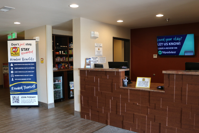 Reception desk and kiosk at My Place, Jamestown, North Dakota