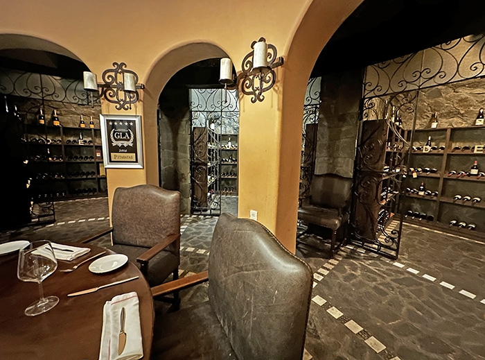 a circular wine cellar with table in center