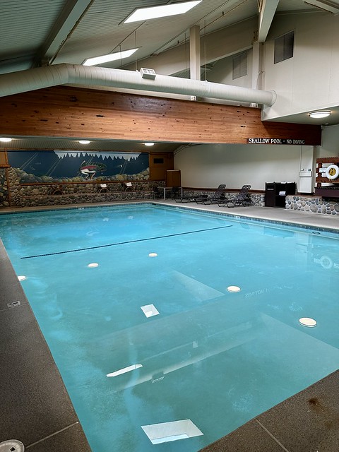 Indoor rectangular-shaped swimming pool. A stone rock wall is at end of pool with a mural of a huge trout swimming underwater, above pool. Three black lounge chairs are to right of pool on cement deck. 