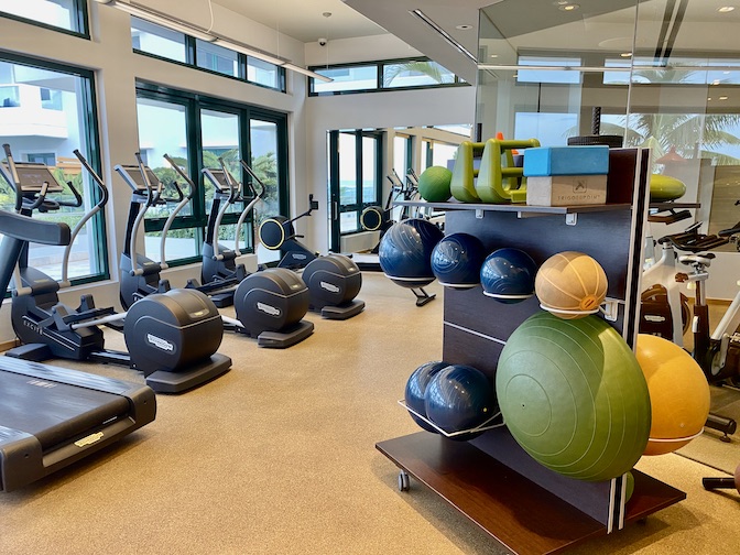 Even the well equipped gym overlooks the ocean.