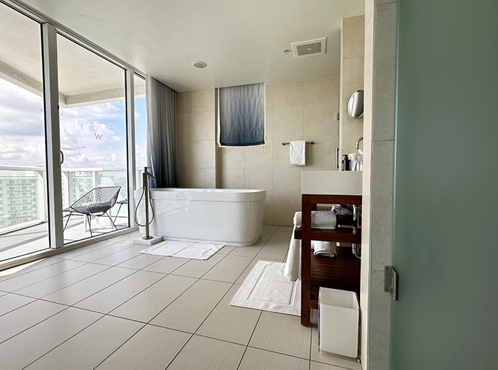 bathroom with glass walls and standalone soaking tub