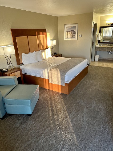 King bed with beige bed runner over white comforter. Light streams through the hotel room. Blue leather chair and foot stool are partially shown. 