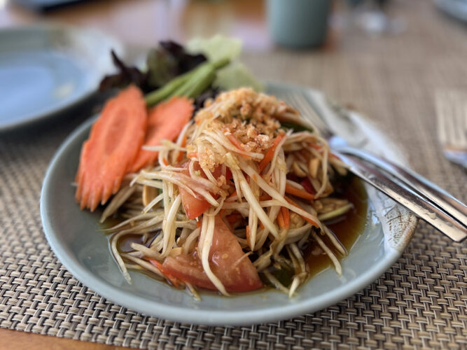 Papaya salad on a light blue plate