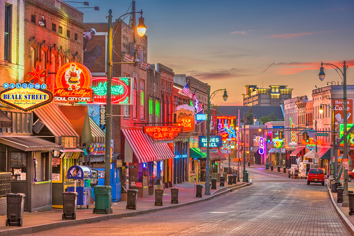 neon signs line Beale Street in Memphis