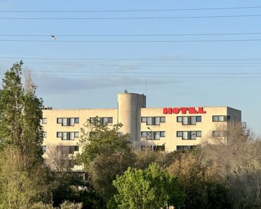 4-story Hotel Alfa Aeropuerto, white building with cement pillar separating the hotel. Red letters spell out hotel on the top, right of property.