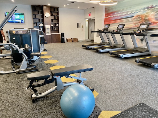 The fitness center is well equipped and open 24/7.