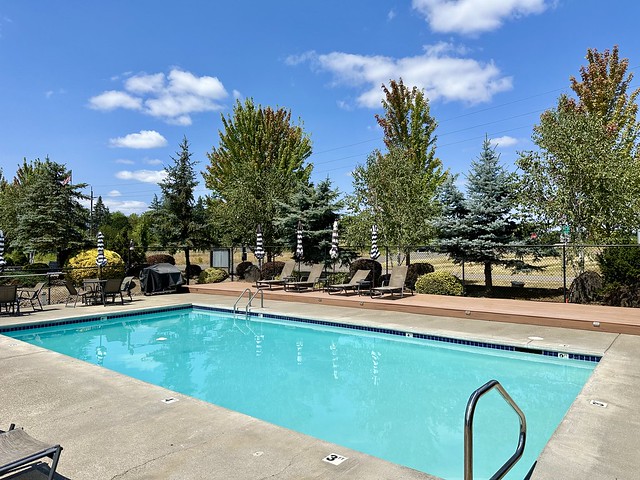 Rectangular outdoor swimming pool with 4 gray lounge chairs and canvas umbrellas by the chain-link fence, surrounding the pool. Seven trees are on the outside of the fence. Blue sky with puffy white clouds in the background. 