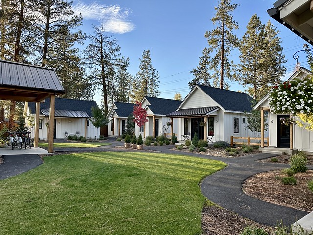 Five of the six cream colored cottages. A green lawn wraps around the paved pathway to The Scout Cottages. Each cottage has a cement patio and little garden out front. 