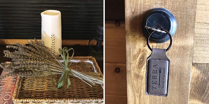 details from rooms at Terra Farm include bouquets of dried lavender and handcrafted leather keychains